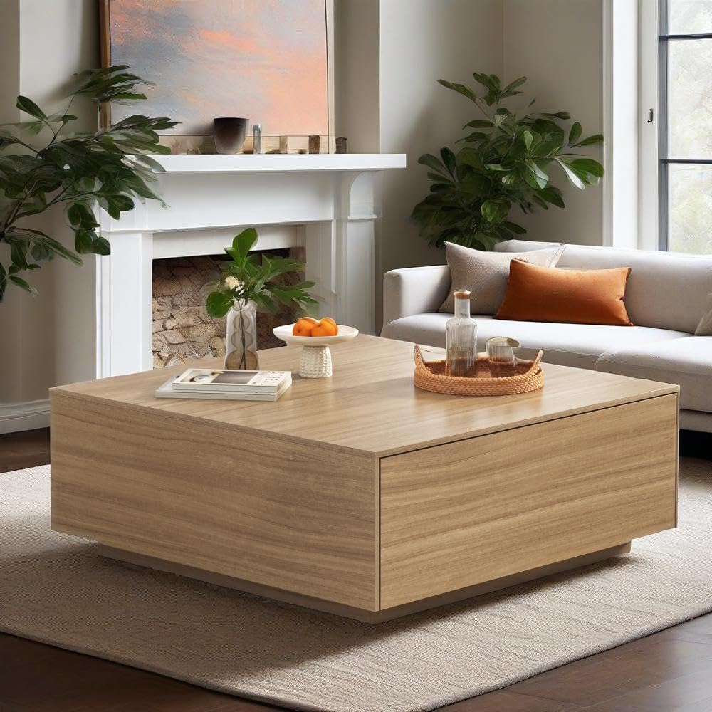 43” Square Coffee Table with Storage, 43" D x 43" W x 17" H Modern Large Square Center Table with 2
