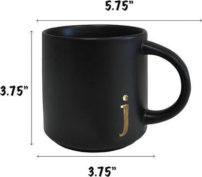 COLLECTIVE HOME - Black Monogram Ceramic Mugs, 15 oz Golden Initial Coffee Cups, Elegant Alphabet