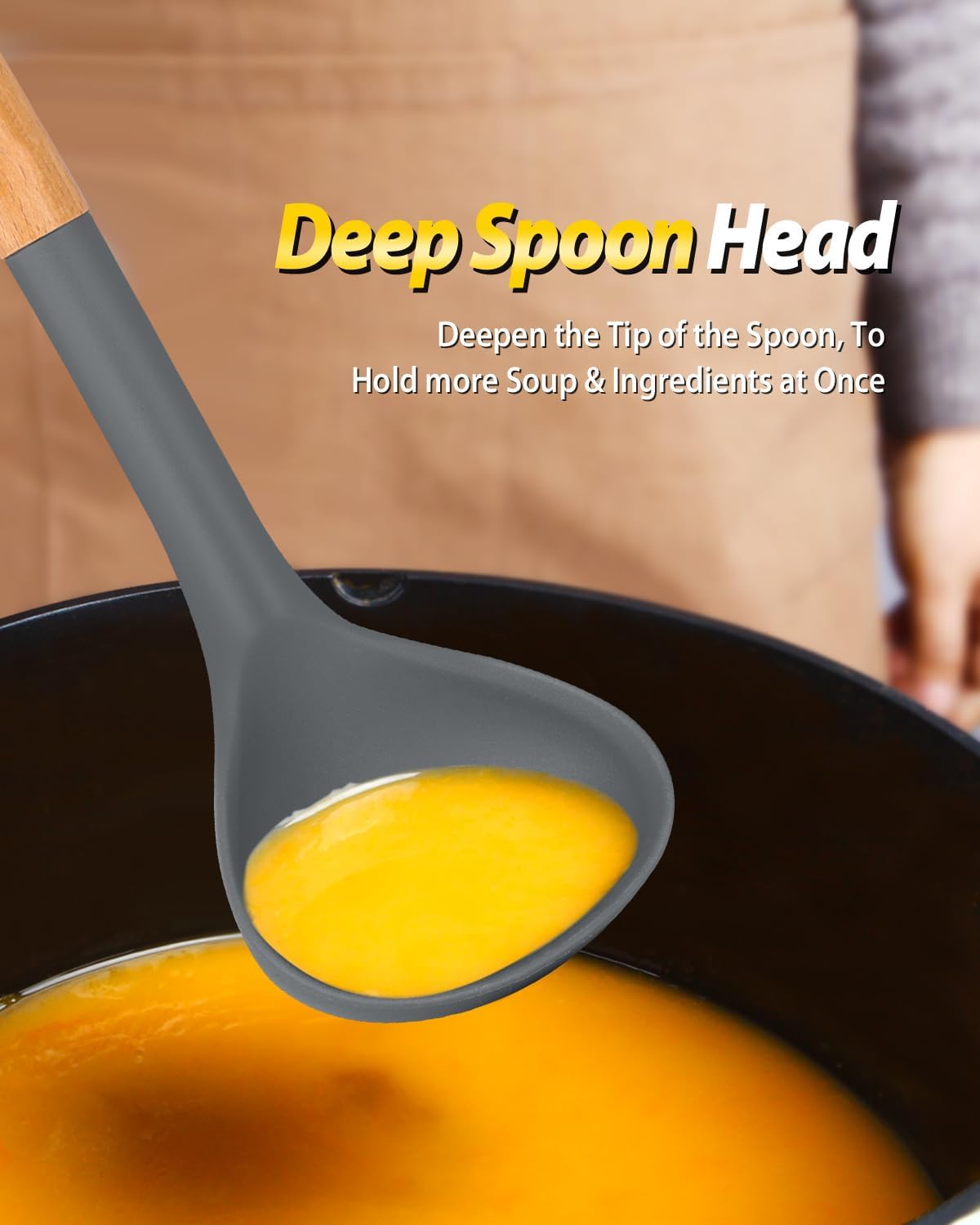 Silicone Pasta Fork and Ladle Spoon Set with Wooden Handle, Heat Resistant Non Stick Kitchen