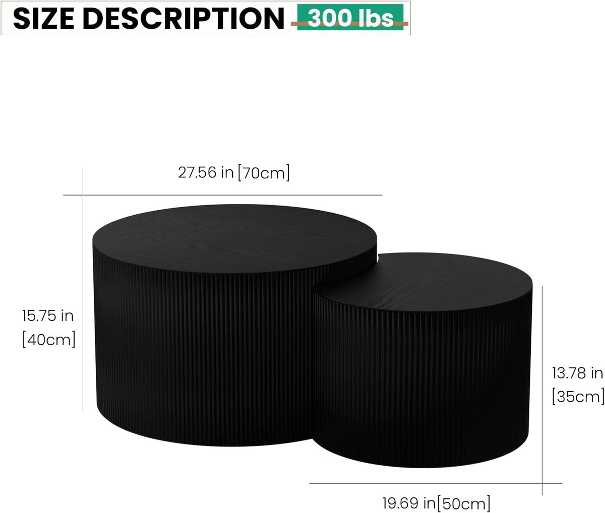 Round Nesting Coffee Table, Drum Wood Coffee Table Set of 2 Black, Modern Fluted Nesting Tables