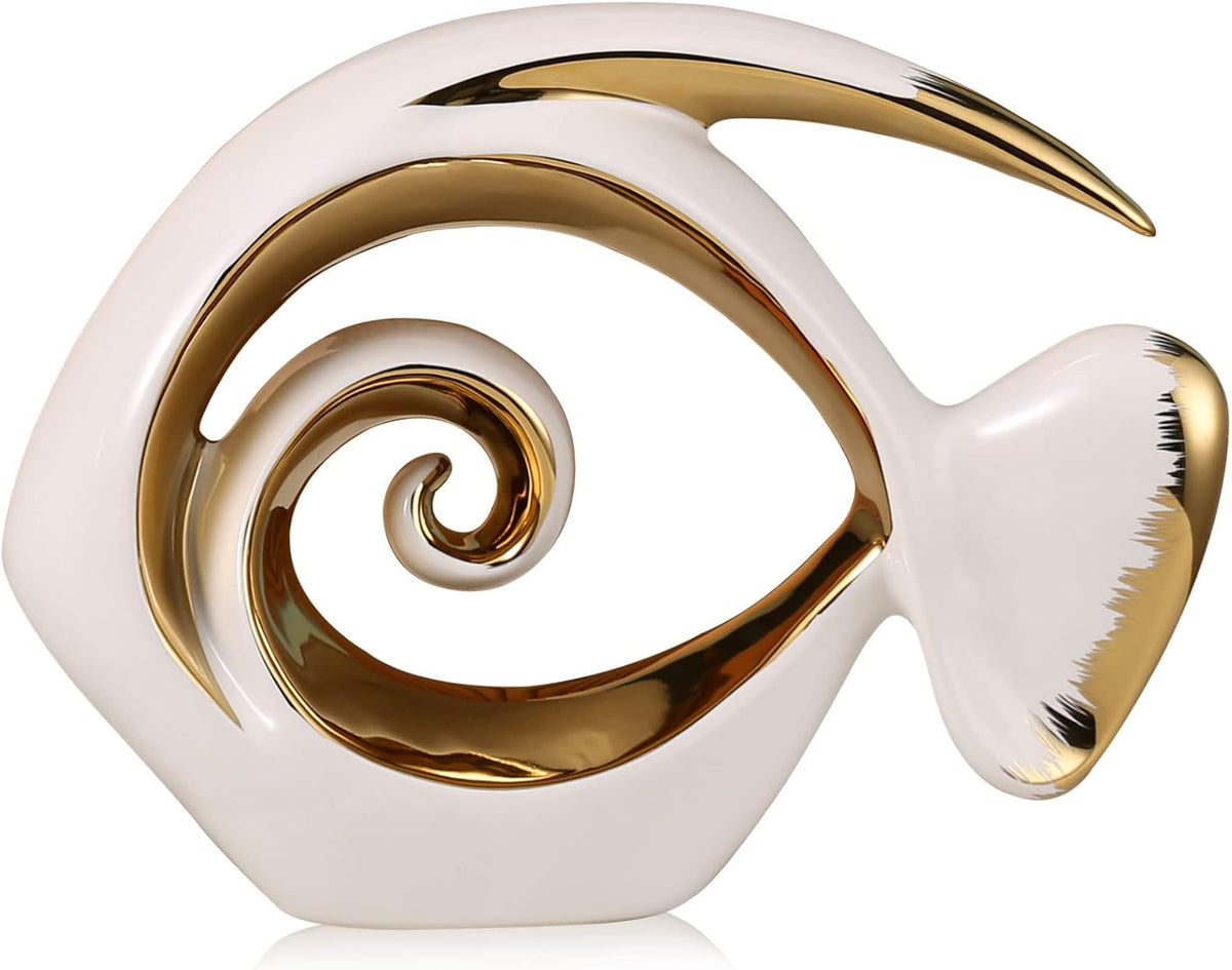 White Gold Ceramic Fish Figurines - Coastal Home Decor, Modern Ocean Centerpieces for Living Room