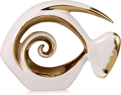 White Gold Ceramic Fish Figurines - Coastal Home Decor, Modern Ocean Centerpieces for Living Room