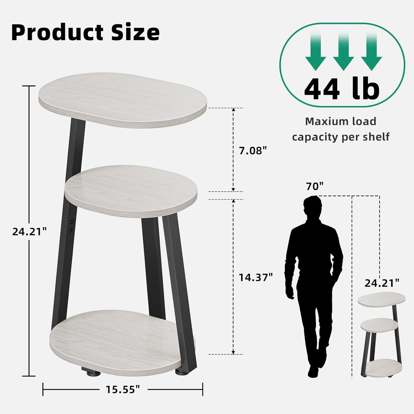 Side Table, Small End Table with Metal Frame, 3-Tier Bedside Tables, Round Side Tables for Living