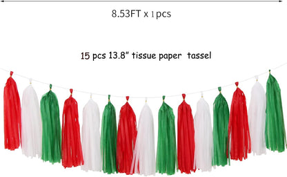 Red-Green White Christmas Party-Decorations Tassel-Garland -15pcs Mexico Italy Tassels Banner