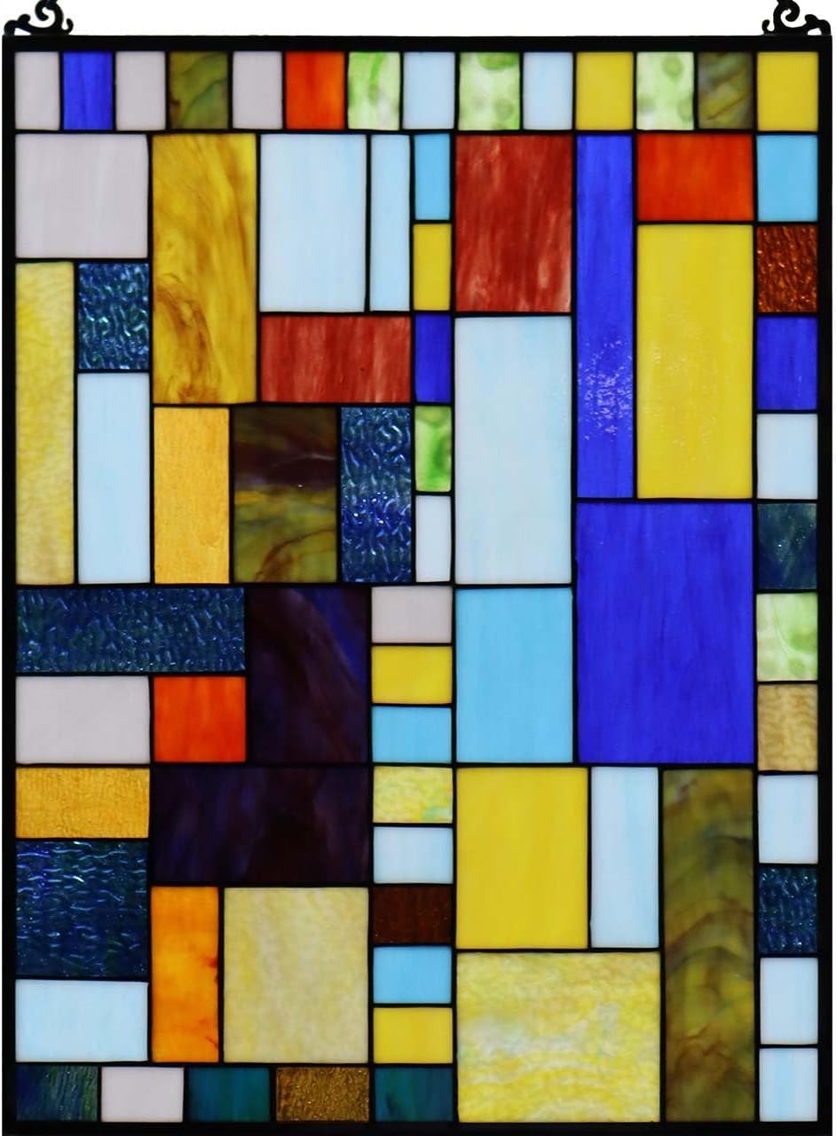 Bieye Geometric Color Block Tiffany Style Stained Glass Window Panel with Hanging Chain (18x25