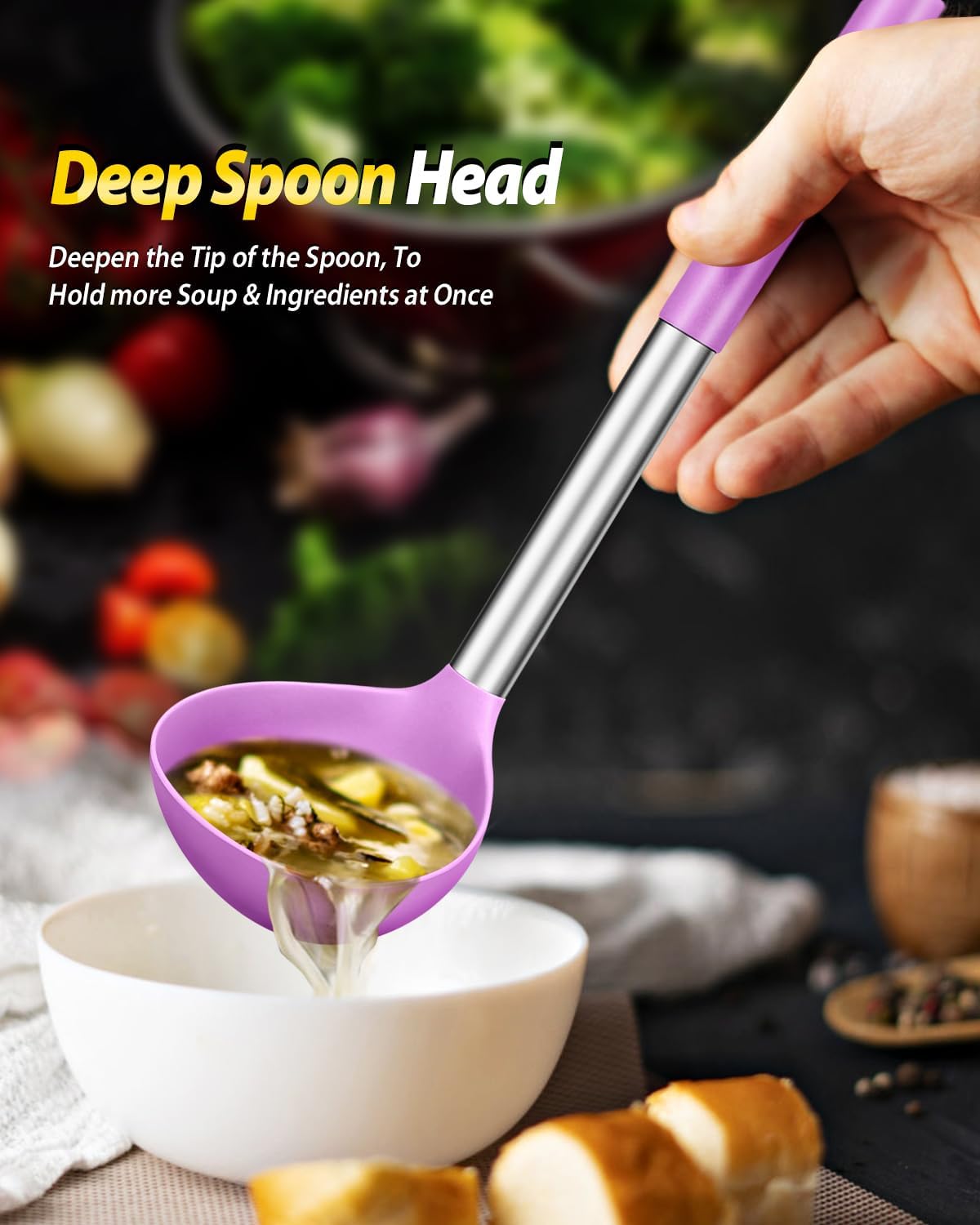 Silicone Pasta Fork and Ladle Spoon Set, Large Non Stick Kitchen Utensils for