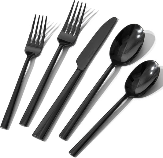 KINGSTONE Black Silverware Set, 20-Piece Forged Flatware Set Cutlery Set Premium Stainless Steel