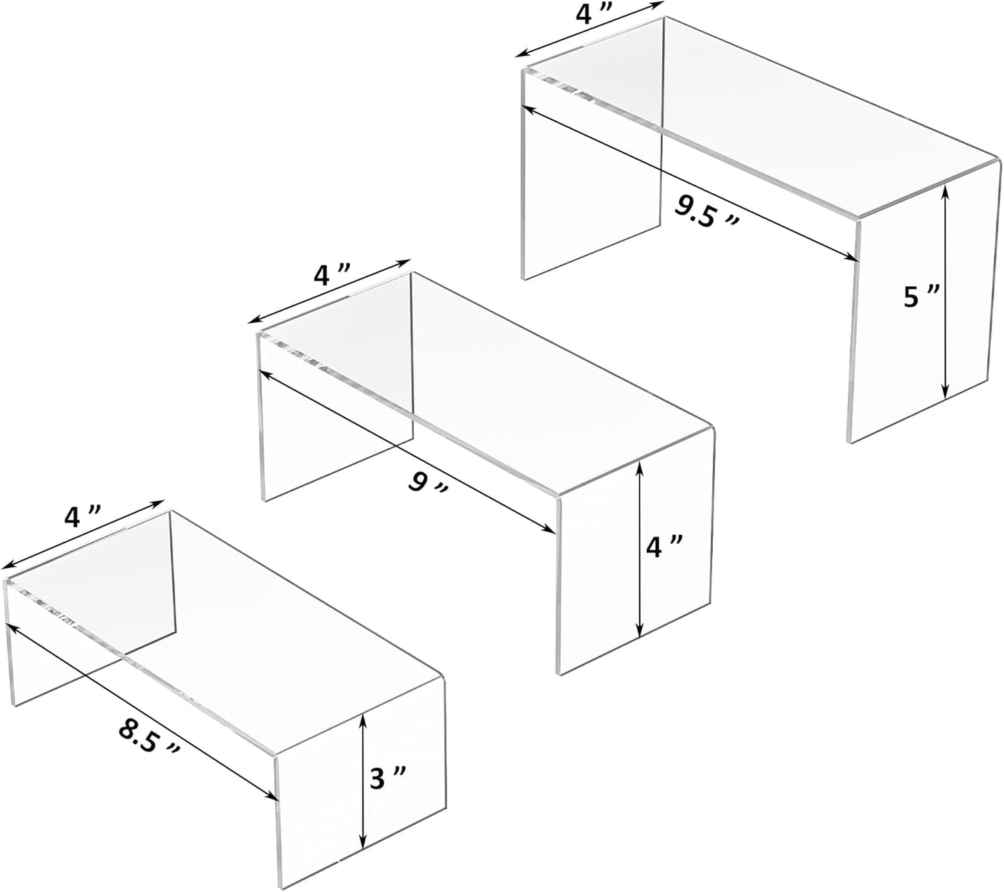 8.5x9x9.5 Inch Acrylic Risers Display Stands 3pcs, Rectangular Display Risers 3 Steps, Clear