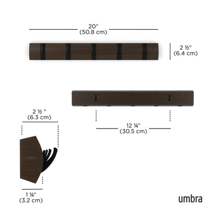 Umbra Flip Coat Rack, Wall Mounted 5-Hook Space Saving, Walnut/Black