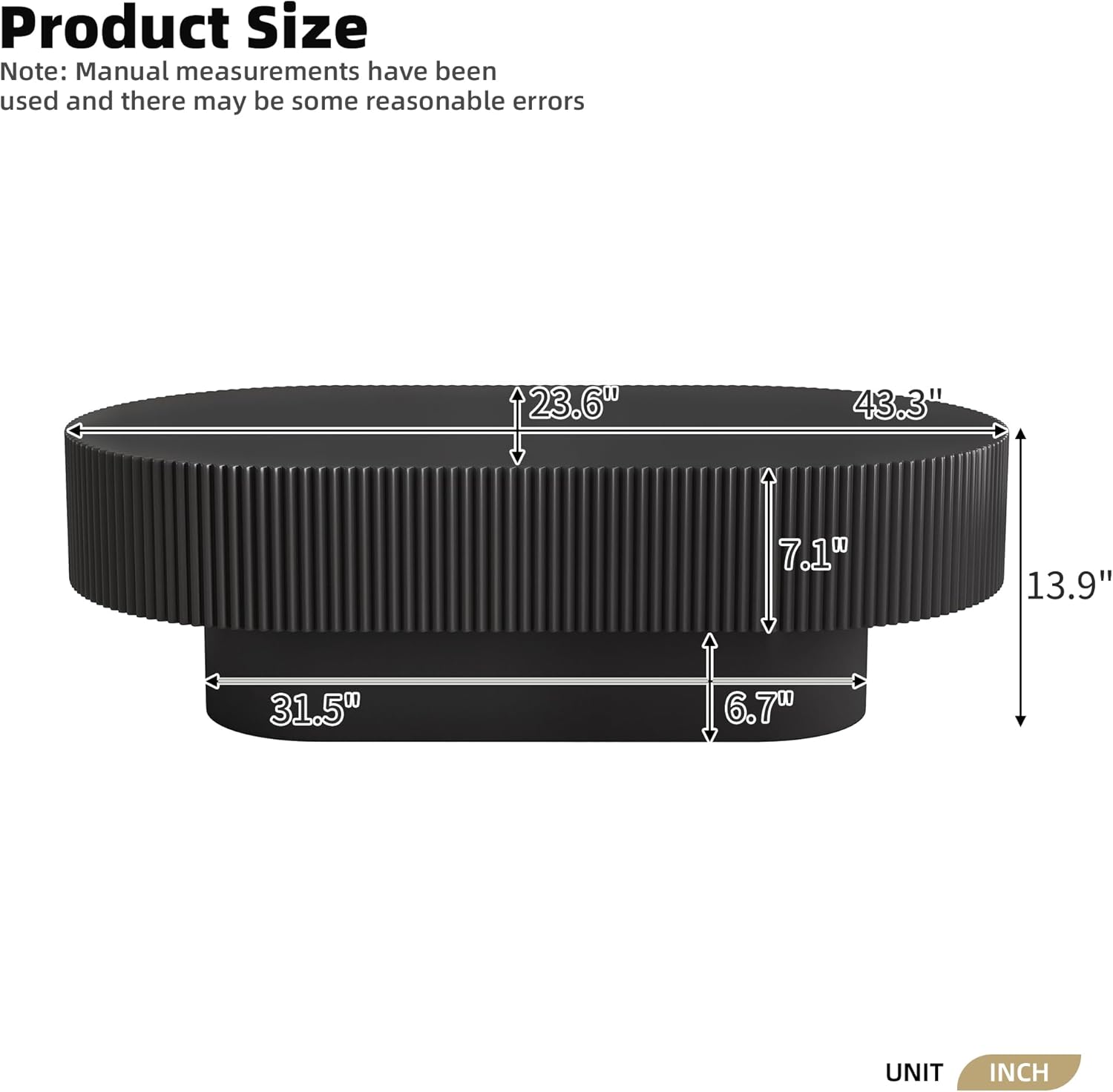 43.3" Oval Fluted Coffee Table Modern Elegant Drum End Table, Minimalist Center Table 7.8" Thick