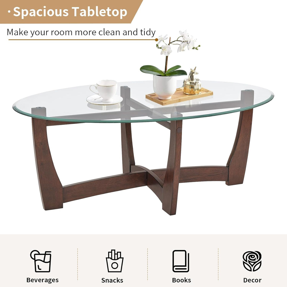 48" Oval Glass Coffee Table with Tempered Glass Top Cross and Solid Wood Base Simple & Modern