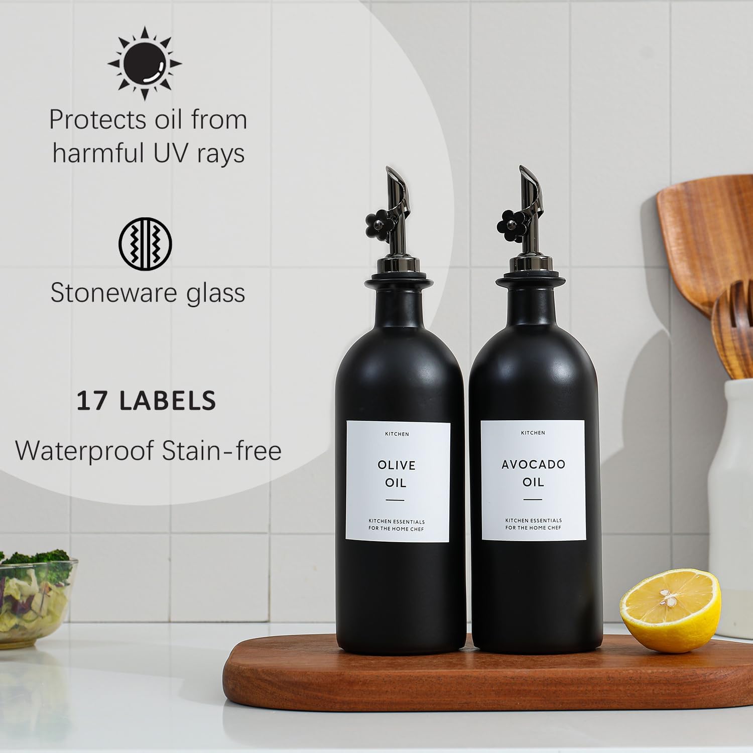 HOMCDALY Olive Oil Dispenser for Kitchen, 16oz Glass Oil Bottles with Bamboo Tray, Black