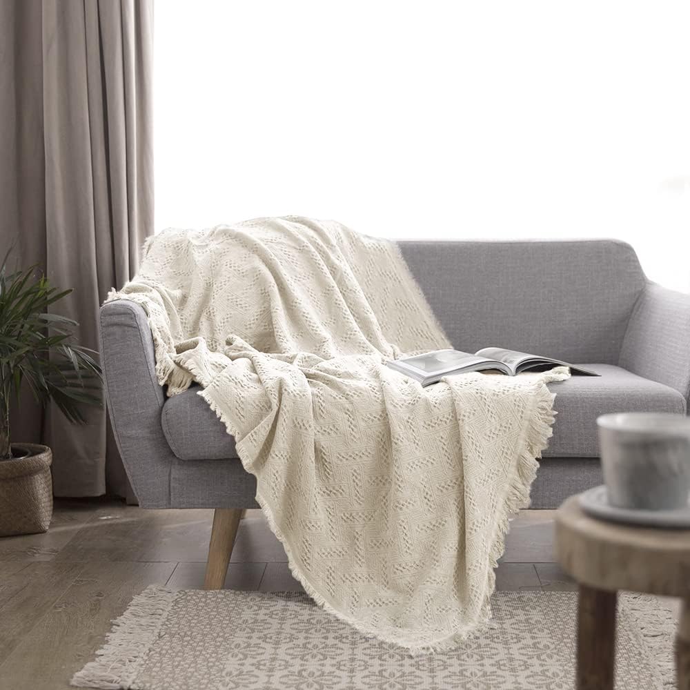 Simple&Opulence 100% Cotton Throw Blanket for Bed, Couch, Boho Luxury Geometric Knit Woven Blanket