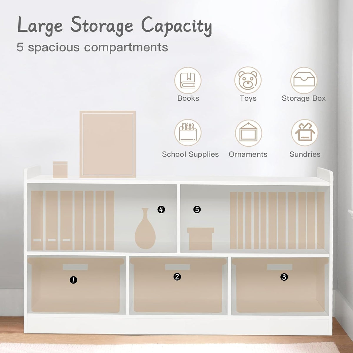 Montessori Shelf, Wooden Toy Storage Organizer for Books Toys, 2 Shelf Bookcase, 5-Section Storage