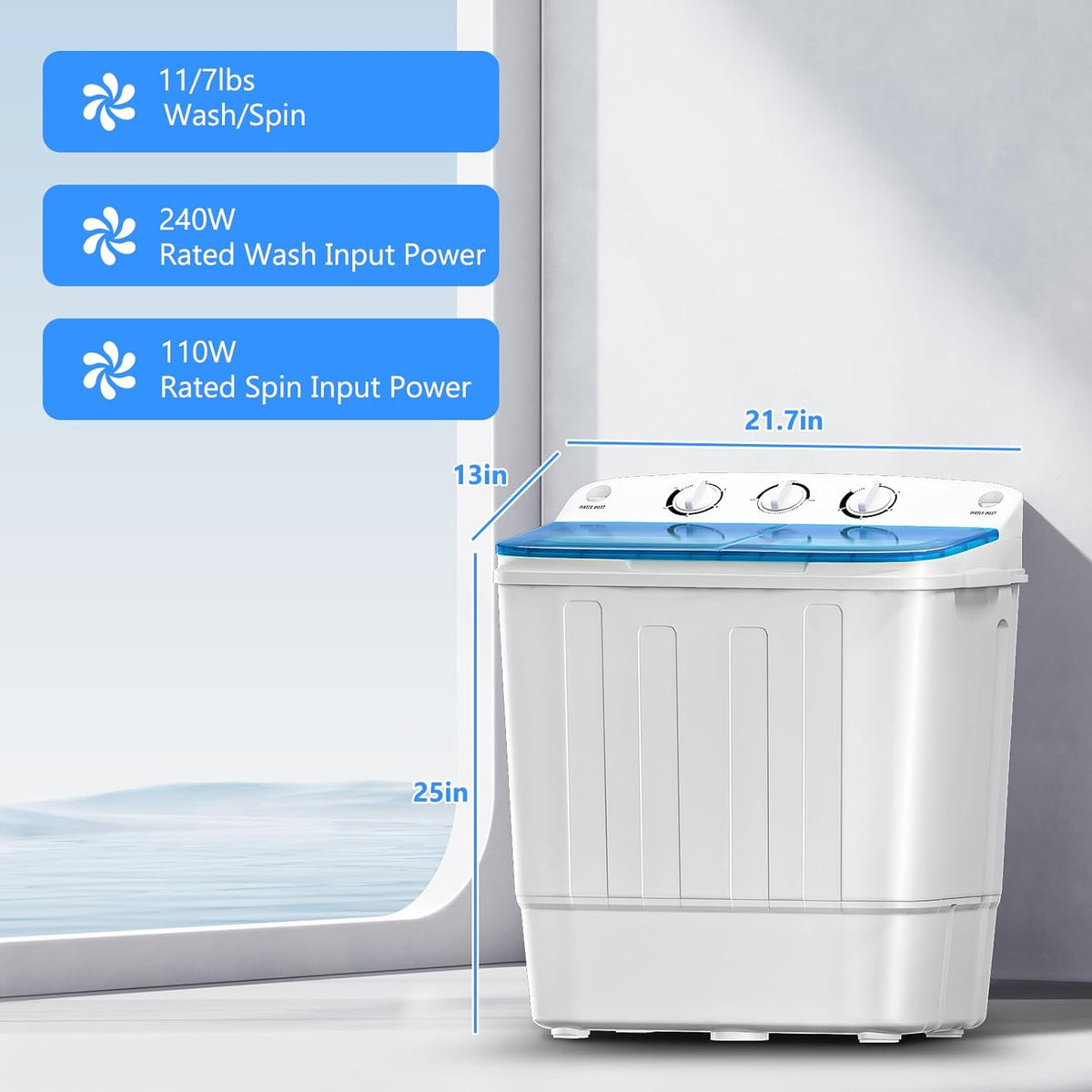 Portable Mini Twin Tub 18lbs Washing Machine With Drying Rack& 10 Hangers, 11lbs Washer & 7lbs