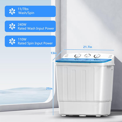 Portable Mini Twin Tub 18lbs Washing Machine With Drying Rack& 10 Hangers, 11lbs Washer & 7lbs