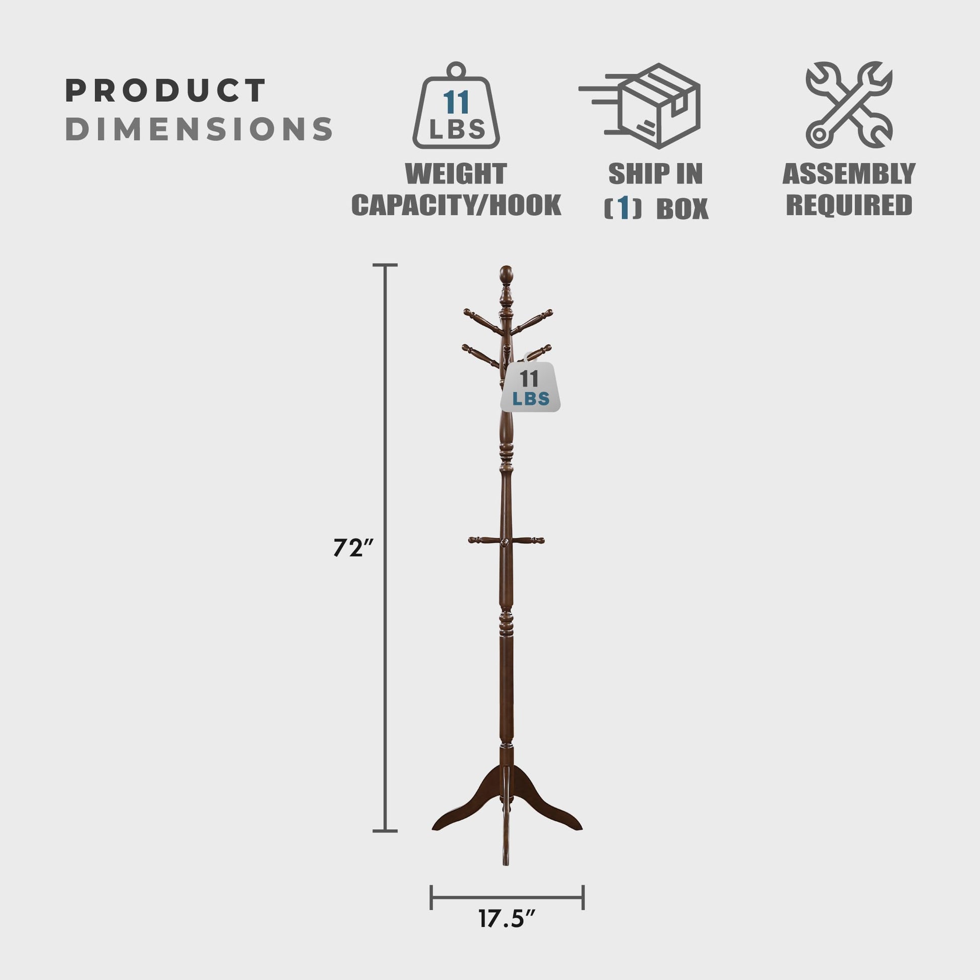 Lexicon Wooden Coat Rack Stand, 3-Tier, 10 Hanging Hooks, Dark Brown