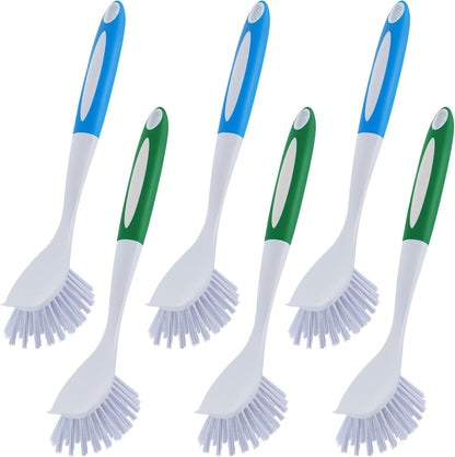 Hsei 6 Pcs Blue and Green Kitchen Scrub Dish Brush Bulk with 11 Inch Anti Slip Handle Cleaning Dish