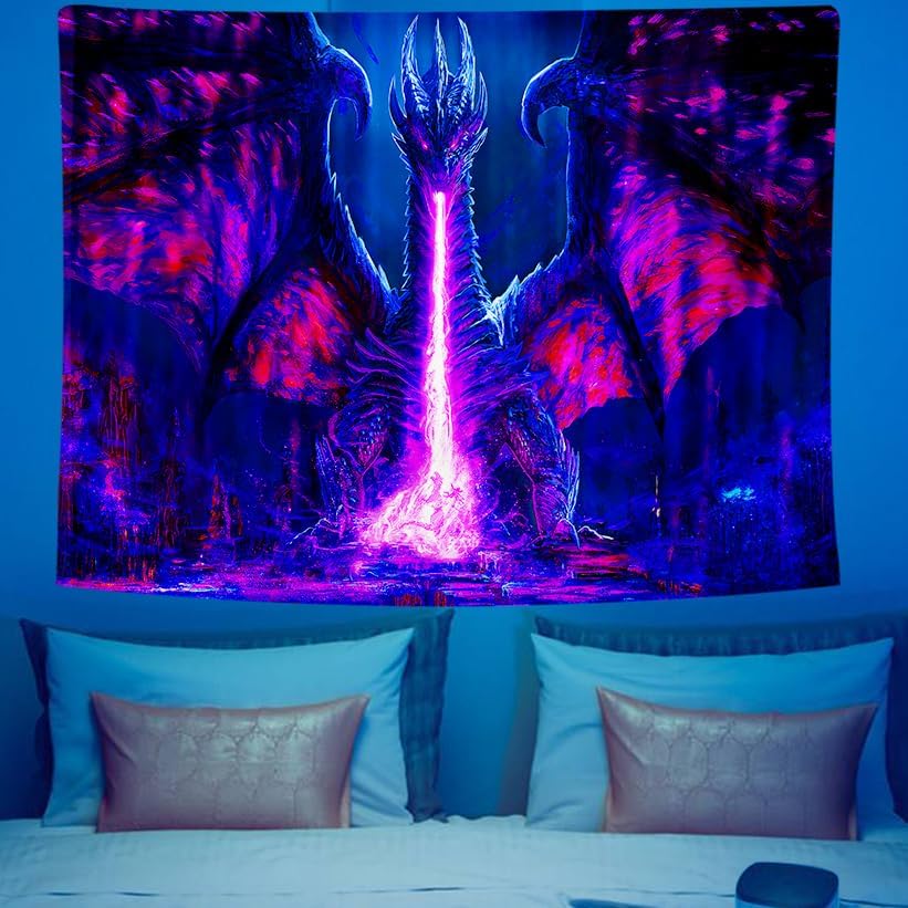 ADDWel Blacklight Dragon Tapestry, Cool Evil-Dragon Tapestry Glow In The Dark, UV Reactive Black