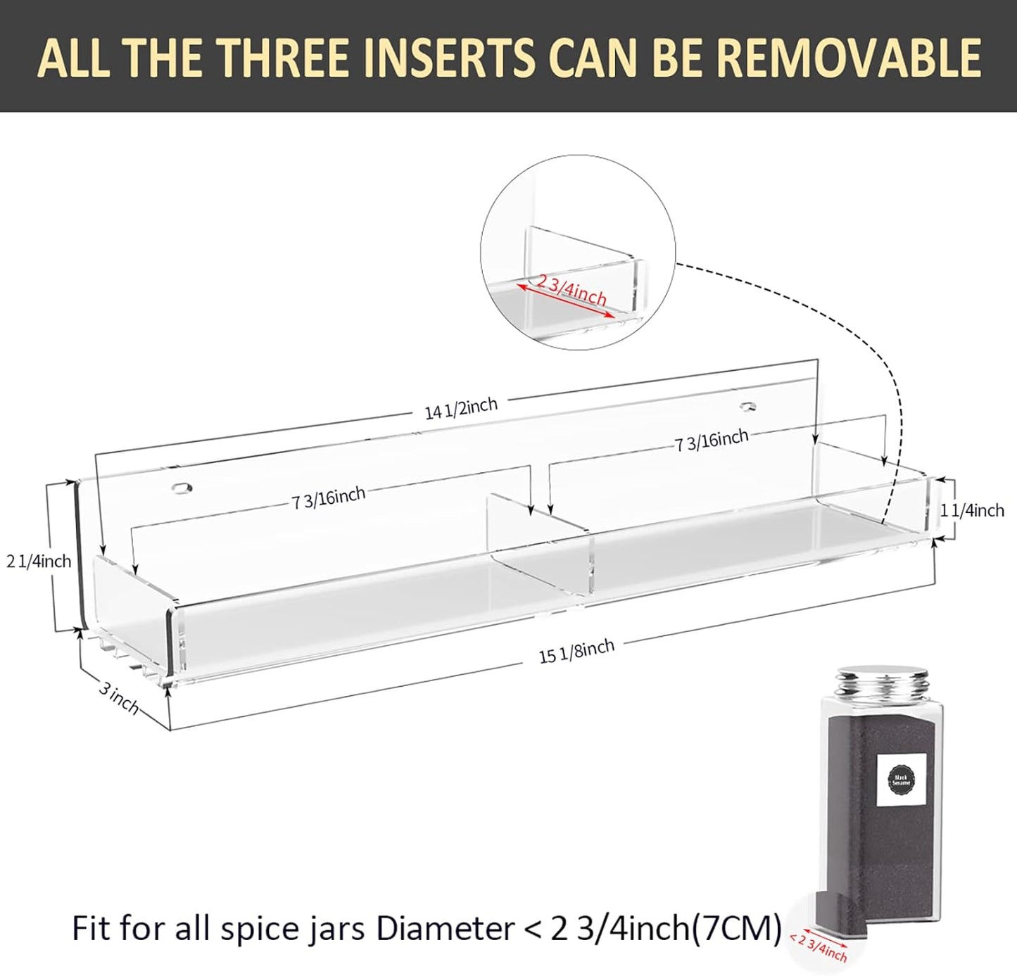 15 Inch Acrylic Spice Rack Wall Organizer Set of 3, Clear Acrylic Wall Shelf for Home Organizer