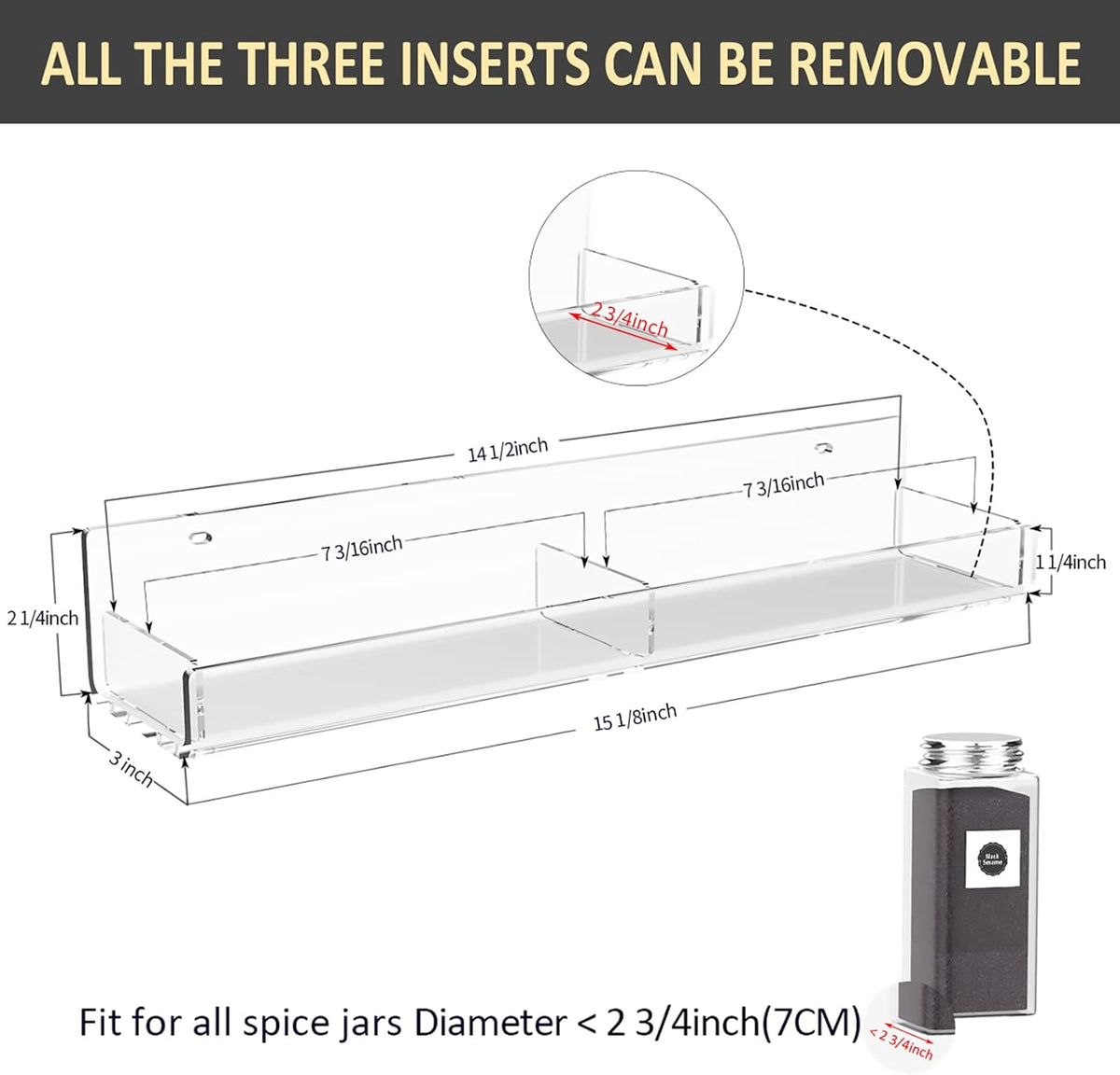 15 Inch Acrylic Spice Rack Wall Organizer Set of 3, Clear Acrylic Wall Shelf for Home Organizer