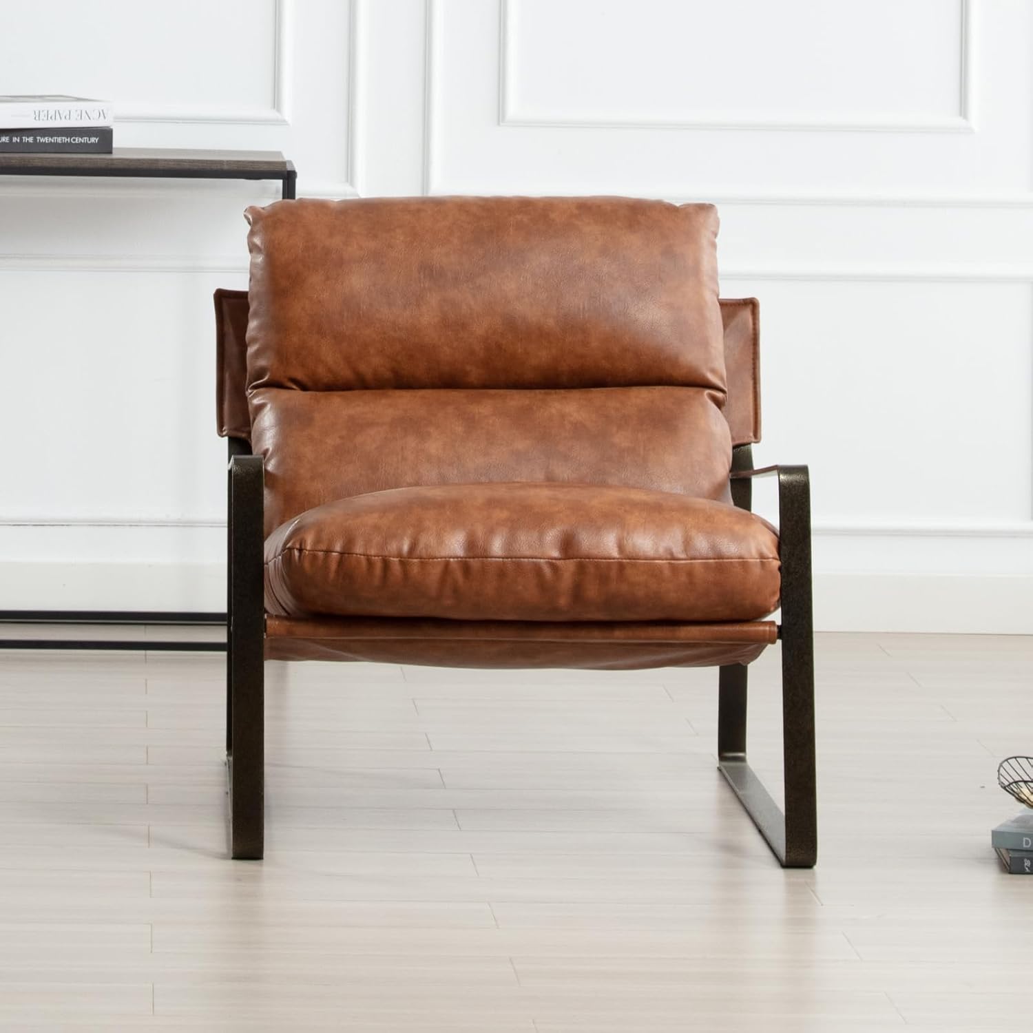 DUOMAY Mid-Century Accent Chair Armchair, Comfy PU Leather Leisure Chair Lazy Chair with Brozen