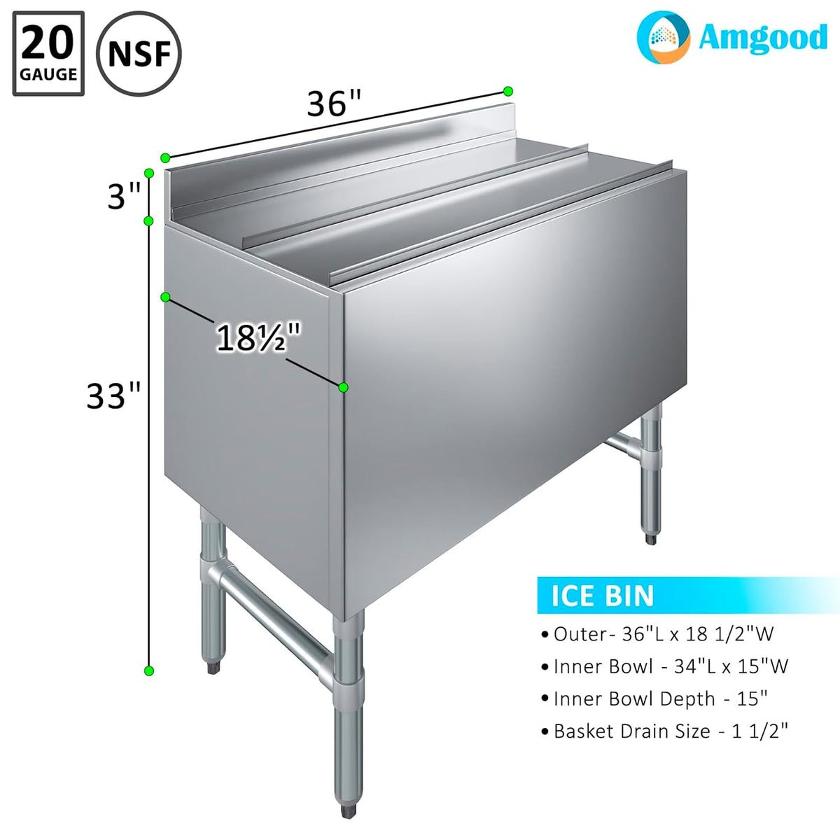 AmGood 18.5 in. x 36 in. Underbar Ice Bin with Sliding Lid | NSF | Stainless Steel Ice Chest with