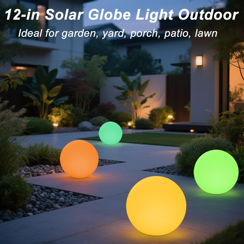 12 Inch Solar Glowing Ball Light Outdoor, Solar Garden Globe Light w/Remote, RGB Color Changing