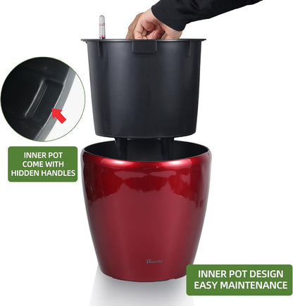 Dexceder 11x10 Inches High Gloss Self Watering Planter Indoor Outdoor, Inner Pot Design, Thickened