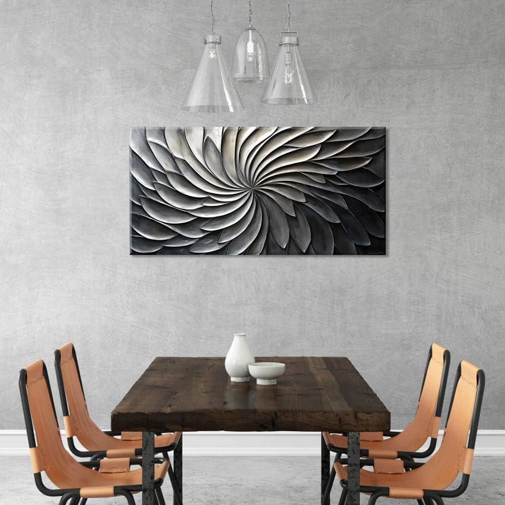 LASMOND Abstract Black and White Wall Art for Living Room Modern Canvas Print Painting Lines Flower
