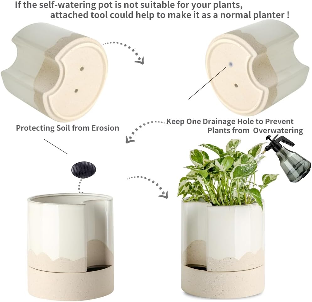 Nihow Self Watering Plant Pot: 8 Inch Ceramic Planter with Drainage Hole & Water Storage Plus for