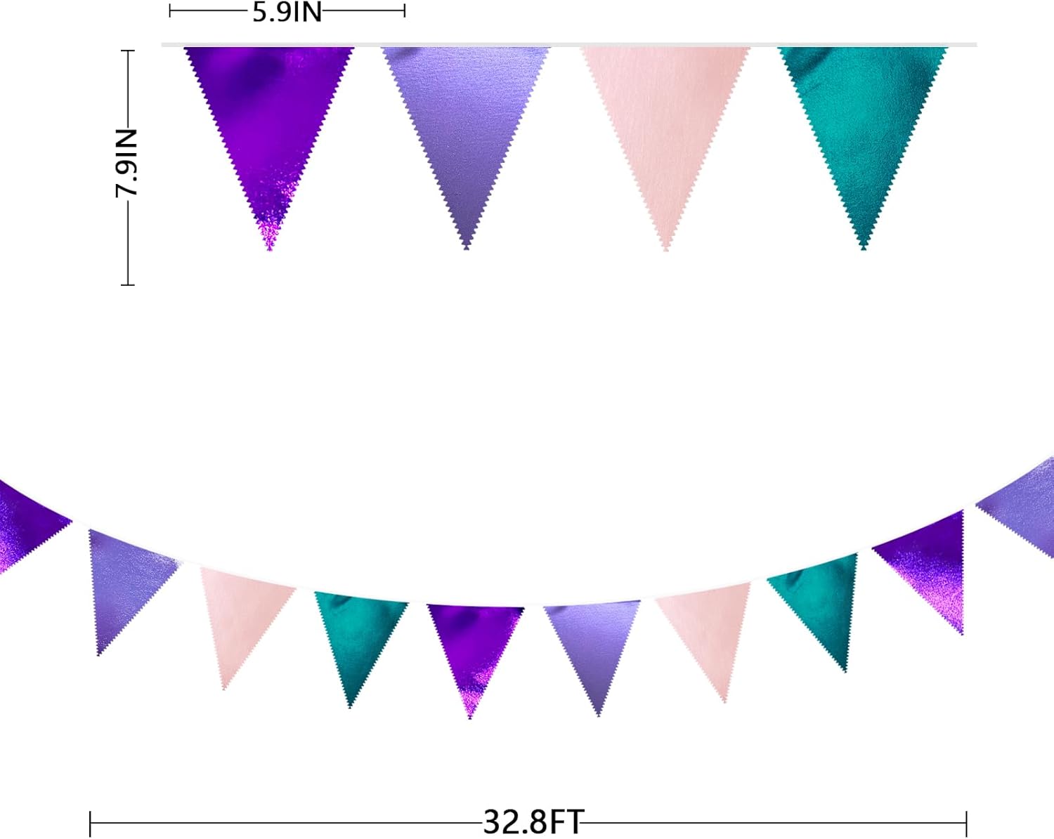 Mermaid Party Decorations Purple Pink and Teal Aqua Metallic Fabric Triangle Pennant Banner Flag