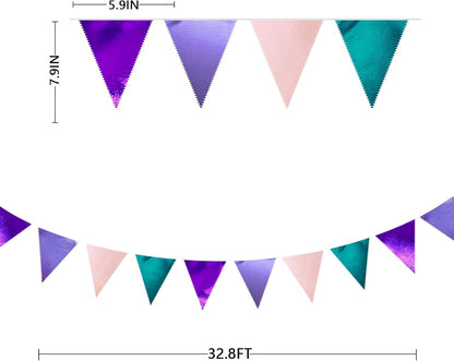 Mermaid Party Decorations Purple Pink and Teal Aqua Metallic Fabric Triangle Pennant Banner Flag