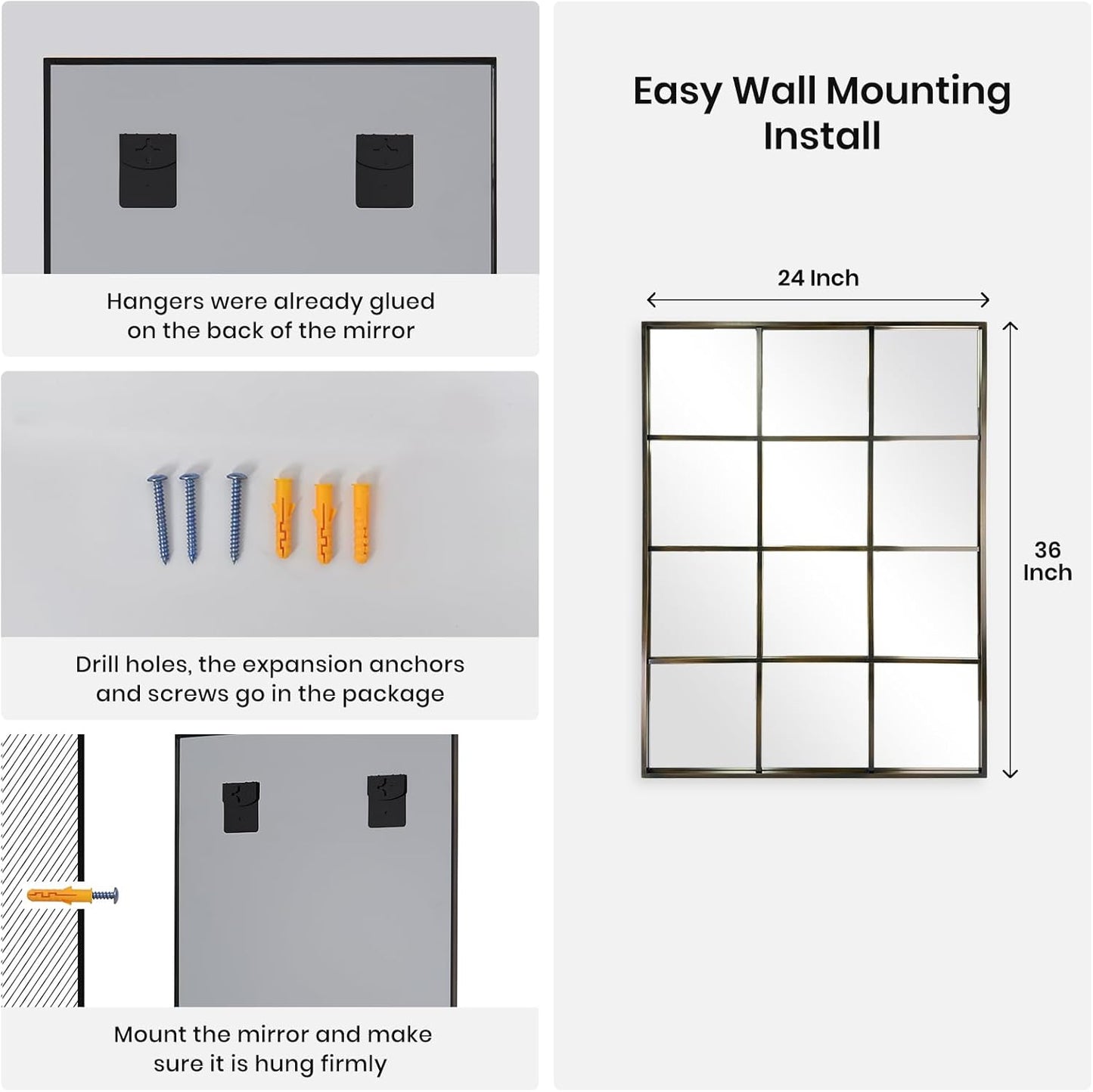 Windowpane Wall Mirror 24"x36" Bronze Wall Mounted Art Pane Mirror Farmhouse Decorative Mirror