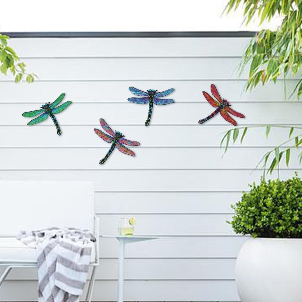 Metal Dragonfly Wall Decor Art, 4 Pack Colorful Metal Dragonflies Outdoor Wall Art, Hand Painted