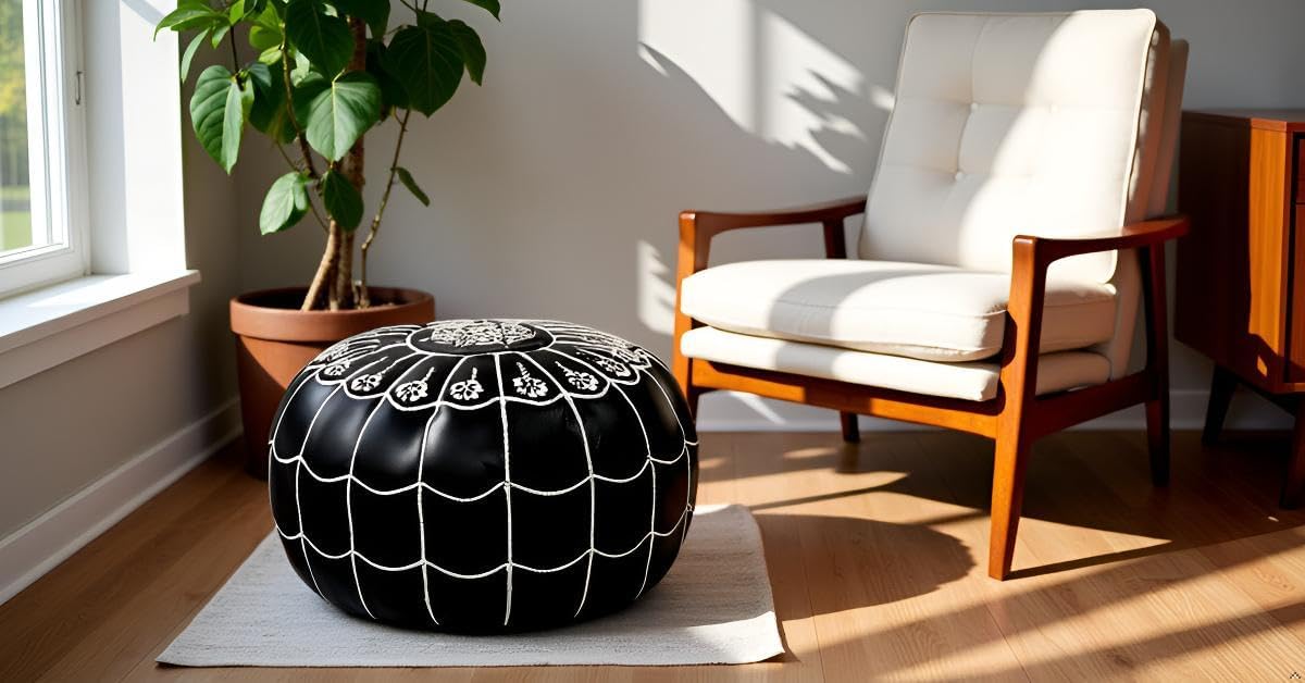 Stuffed Arch Design Moroccan Leather Pouf Ottoman, Handmade, Pre-Filled, 100% Genuine Leather, 14”