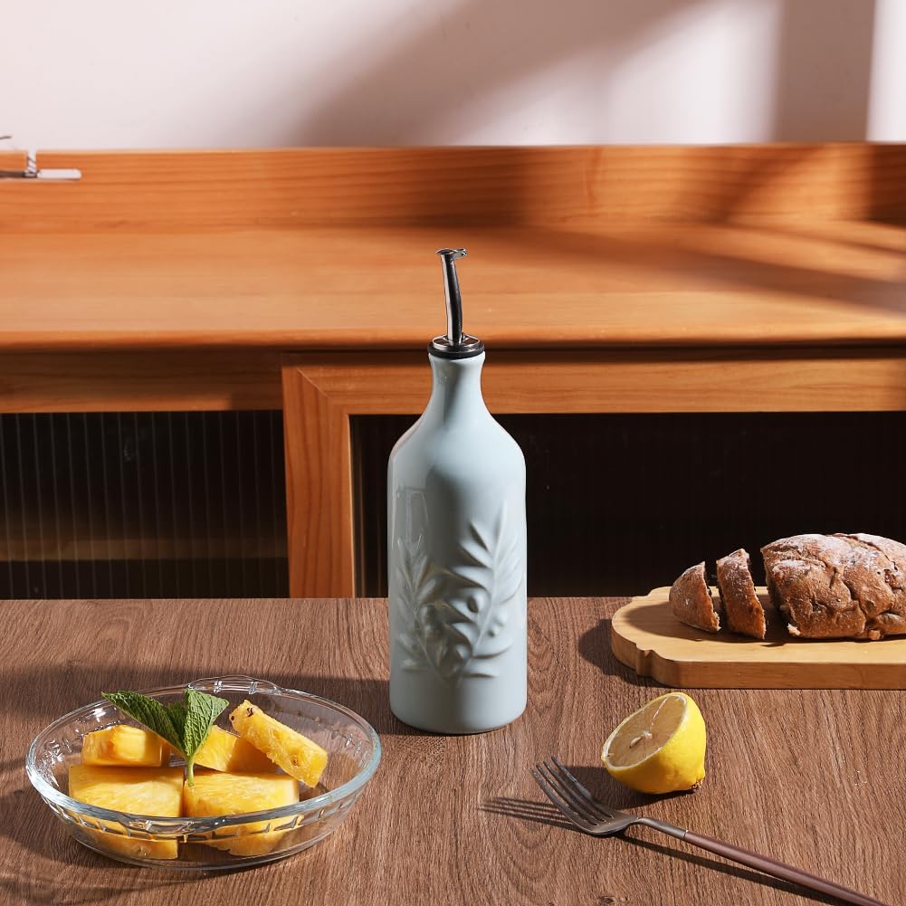 Sweejar Ceramic Olive Oil Dispenser Bottle, 20 Oz Relief Opaque Oil Cruet Protects Oil To Reduce