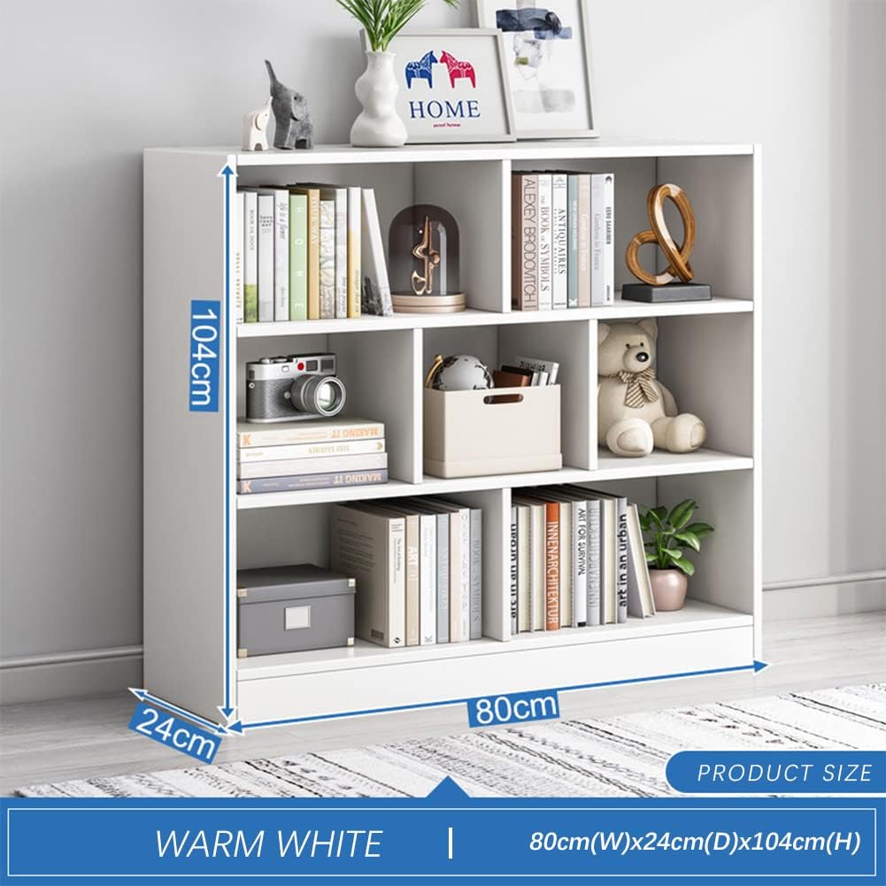 IOTXY Open Shelf Low Bookcase - Wooden 3-Tier Floor Standing Display Cabinet Organizer with Base, 7