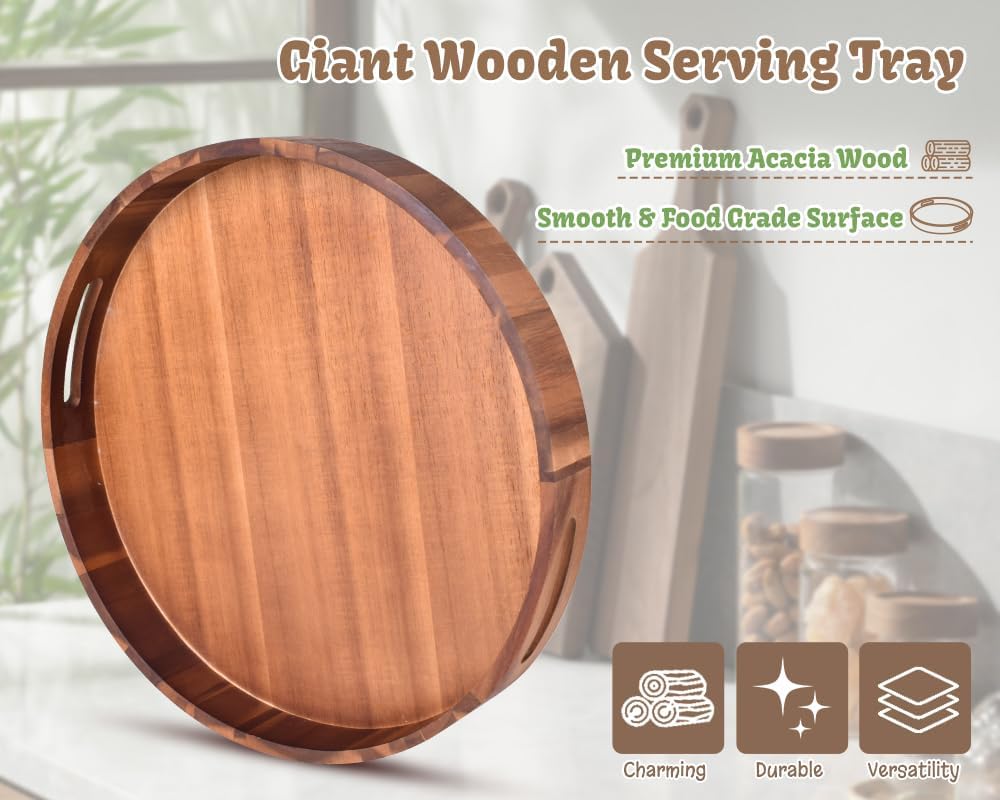 Large Round Wood Serving Tray, Wooden Trays with Handles for Ottoman Table, Vintage Acacia Tray