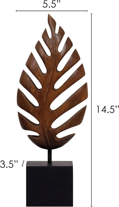 Decozen Wooden Leaf Sculpture - Hand‑Carved Solid Wood Coffee Table Decor and Western Decor Accent