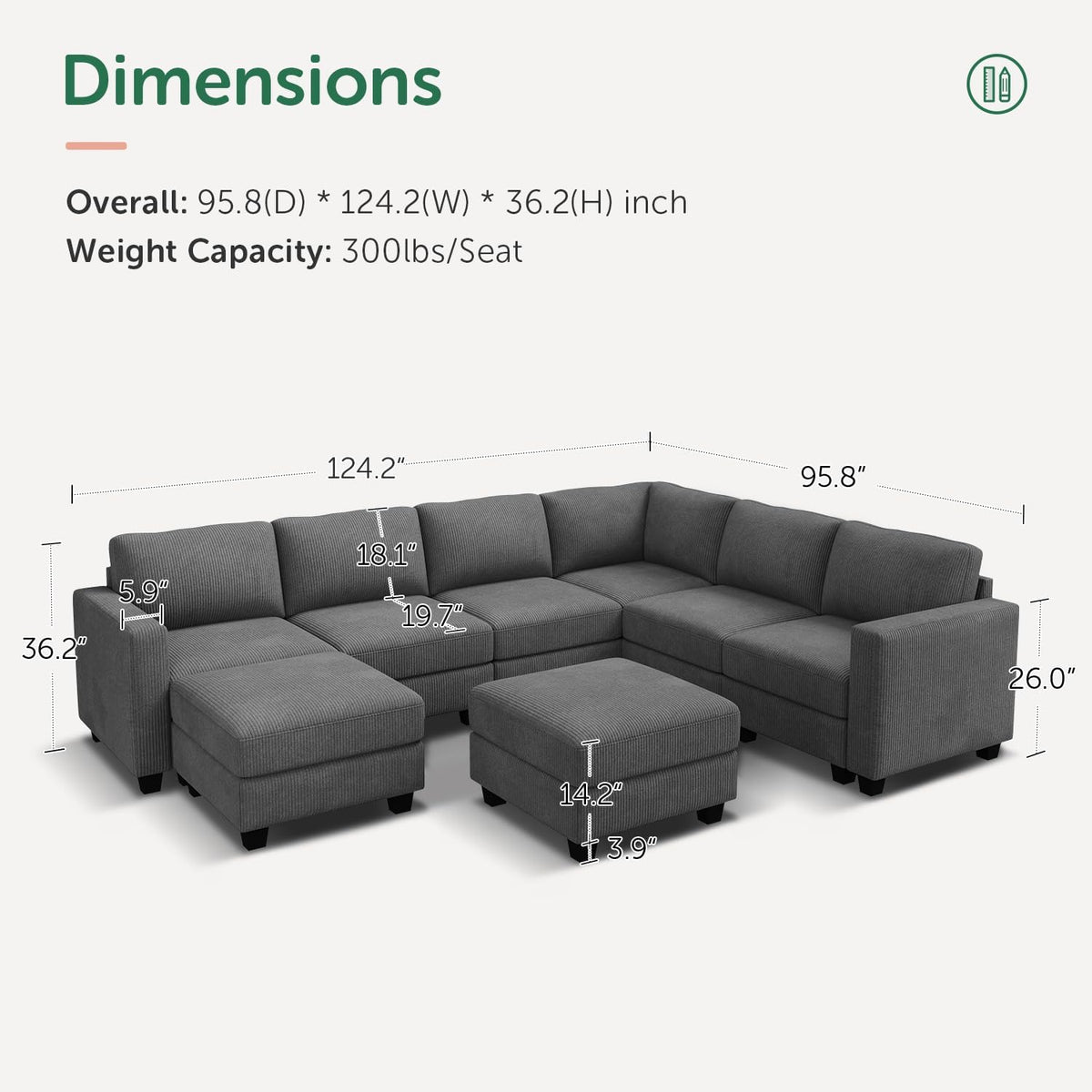 HONBAY Corduroy Sectional Couch with Storage U Shaped Sectional Sofa Modular Sectional Couches for