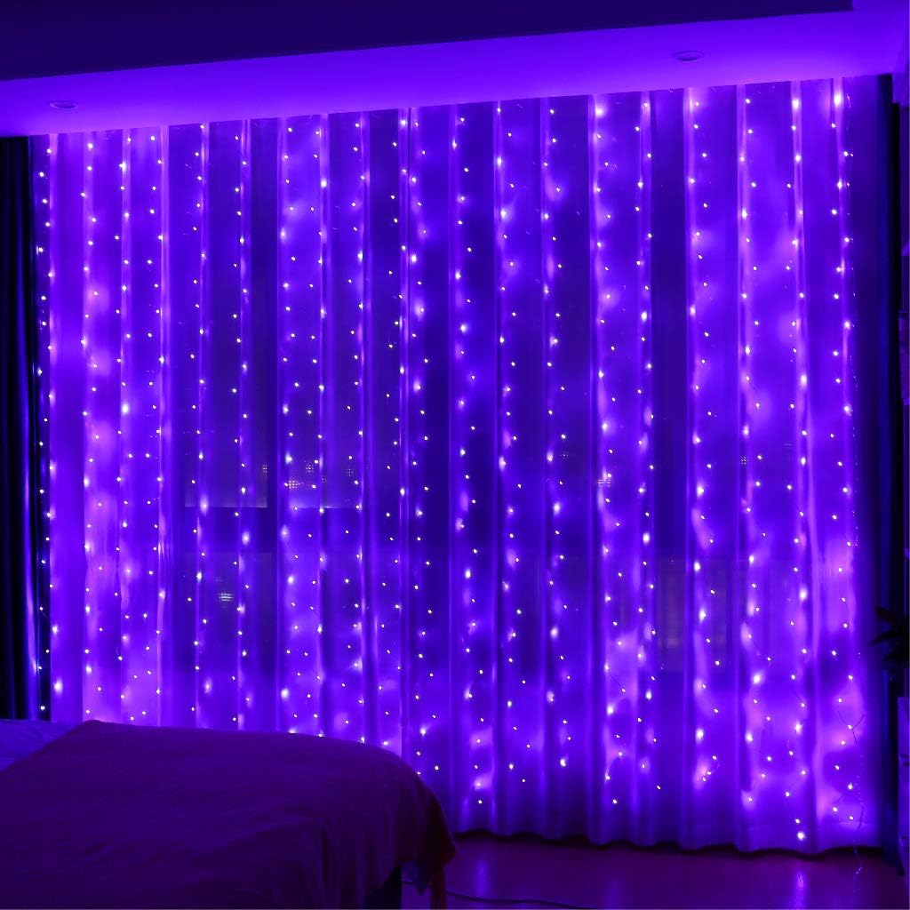 HXWEIYE 300LED Purple Fairy Curtain Hanging Lights with Remote 8 Modes Timer for Bedroom, 9.8x9.8Ft