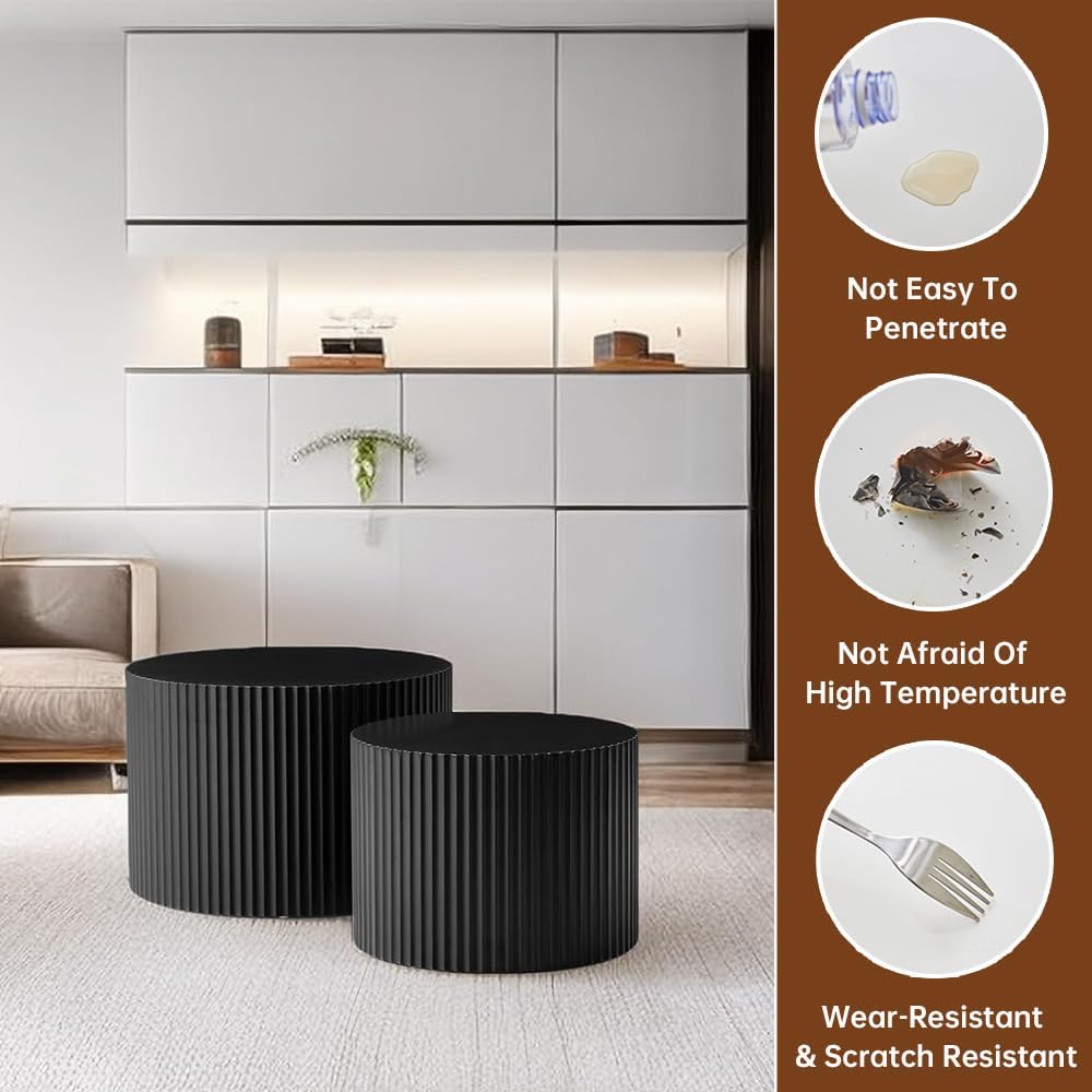 Black Nesting Coffee Table Set of 2 Modern Round Fluted Coffee Table Small Round End Table Side