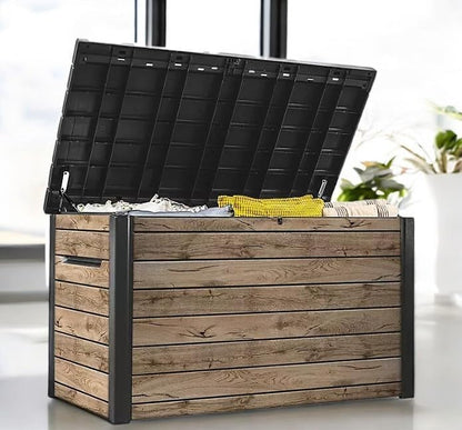 Outdoor Storage Box, Wood-Look Resin Deck Container, Indoor/Outdoor Storage, Ash Wood Brown (230