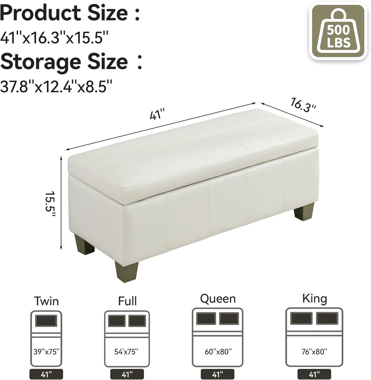 41" Faux Leather Storage Ottoman, Stitch Tufted Rectangle Upholstered End of Bed Storage Bench