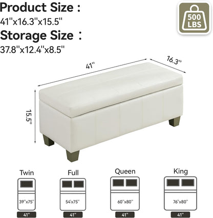 41" Faux Leather Storage Ottoman, Stitch Tufted Rectangle Upholstered End of Bed Storage Bench