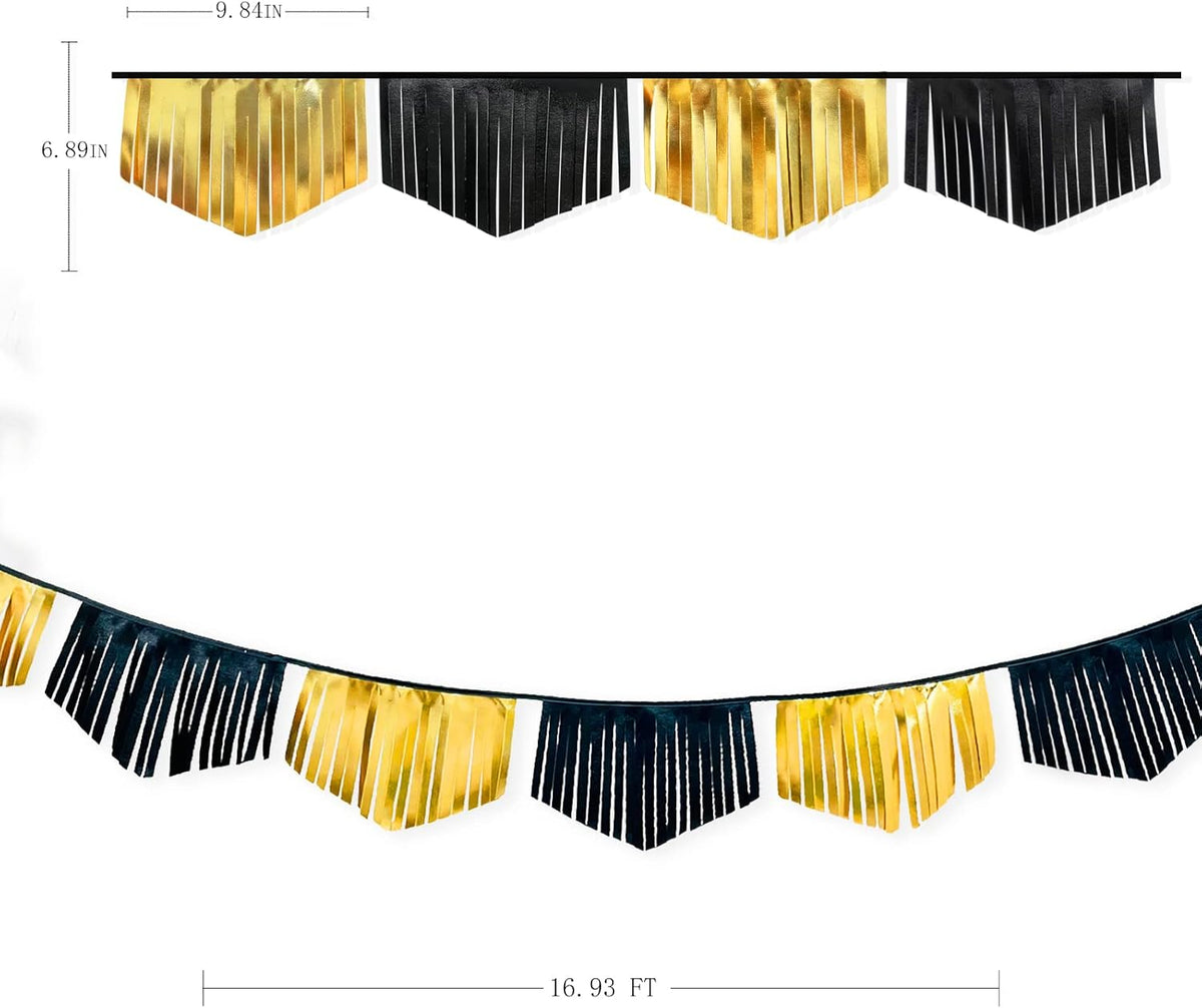 Black and Gold Tassel Banner Double Sided Metallic Fabric Pennant Bunting Flag Garland for