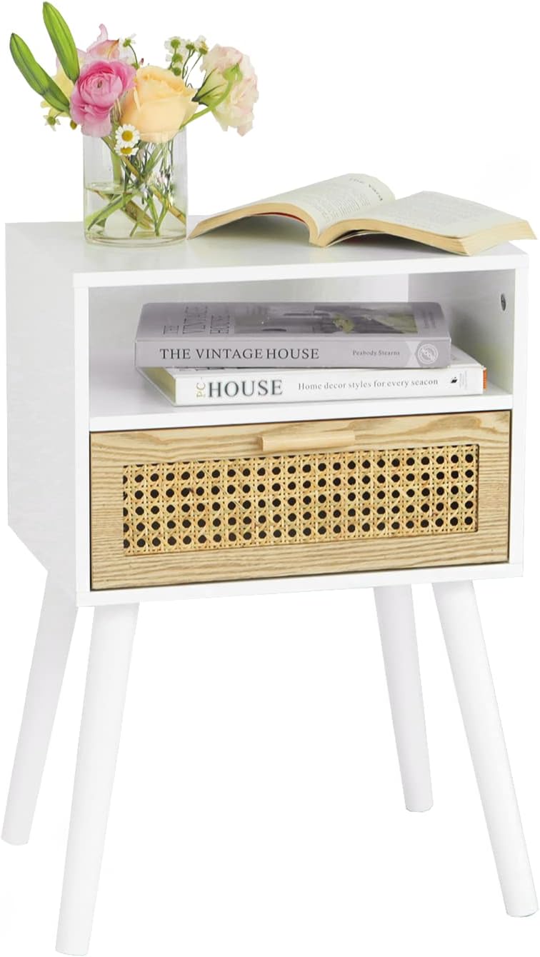 MaxSmeo White Nightstand with Drawer, Mid Century Modern Nightstand, Rattan Side Table, End Table