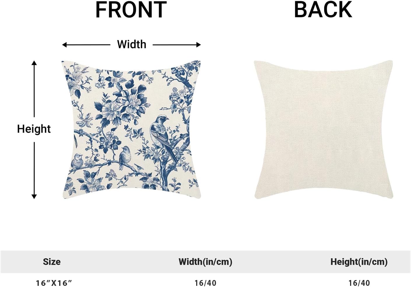 Navy Blue Spring Floral Pillow Covers 16 x 16 Inch Set of 2 for Vintage Chinoiserie Flowers Bird