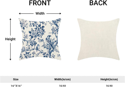 Navy Blue Spring Floral Pillow Covers 16 x 16 Inch Set of 2 for Vintage Chinoiserie Flowers Bird